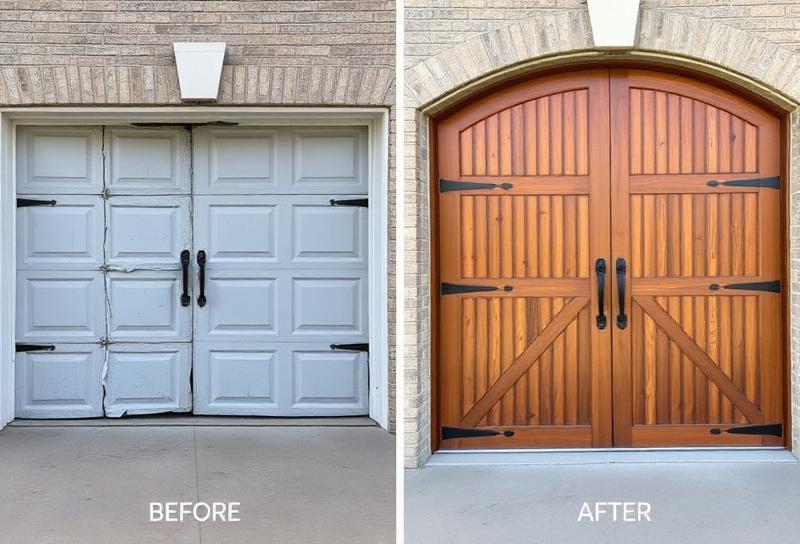 Before and after garage door replacement showing transformation from old damaged door to new rustic wood grain door with iron strap hinges