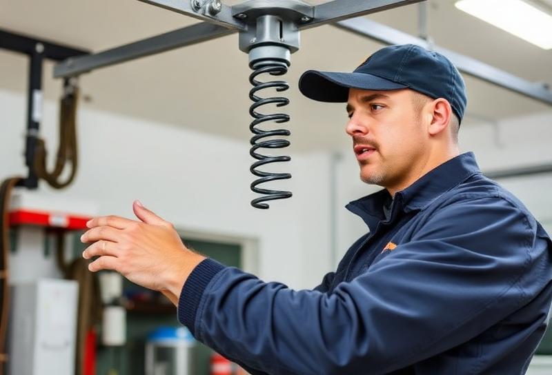 Skilled Garage Door Woodland technician balancing spring tension with precision tools